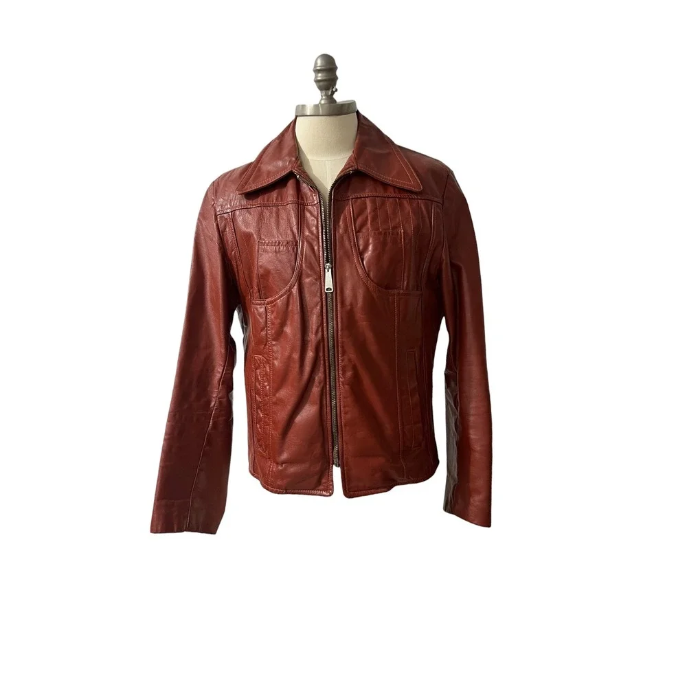 Vintage 70s Red Leather Jacket Men's Fight Club Tyler Durden Style Lined M